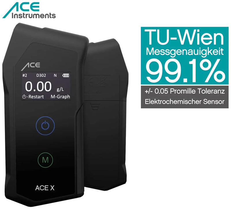 Alkomat ACE X - TU-Wien-Messgenauigkeit: 99,1 % (Testsieger) mit elektrochemischem Premium-Sensor + 25 Mundstücke